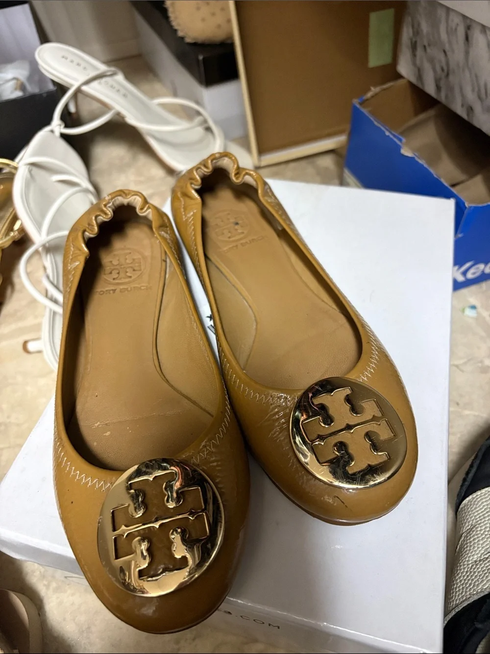 Tory Burch Camel/Tan Leather Logo Ballet Flats